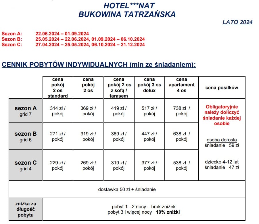 BUKOWINA TATRZAŃSKA Pobyty wypoczynkowe w Hotel NAT Bukowina